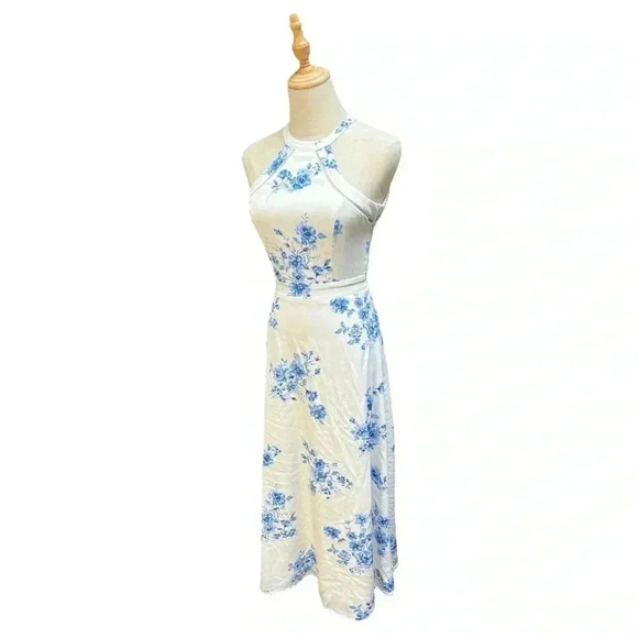 Lulu's Summer Dream Blue Floral Print Tie-Back Halter Midi Dress - Picture 1 of 8